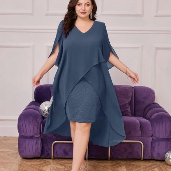 Hanna Nikole Ruffle 3/4 Sleeve Wedding Guest High Low Hem Dress (Grey Blue, XL) - Picture 3 of 4